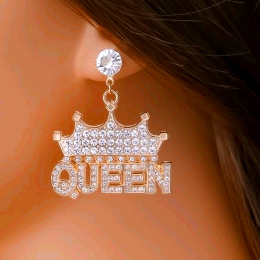 Rhinestone Crown and Letter Drop Earring - Picture 1 of 2